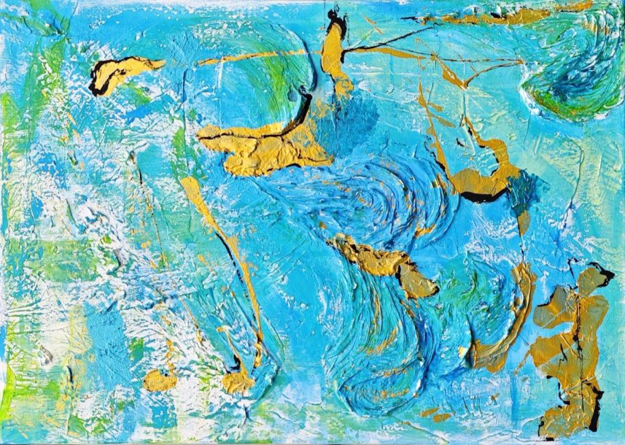 Abstrakte Malerei in Blau- und Goldtönen mit fluiden Formen und dynamischen Linien.