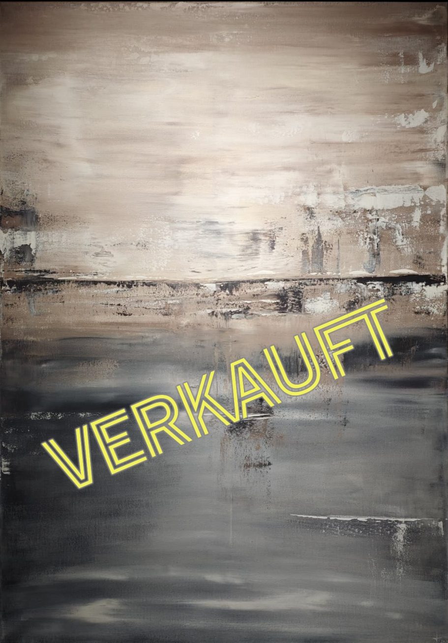 Abstrakte Malerei mit dem Wort "VERKAUFT" in gelber Schrift.