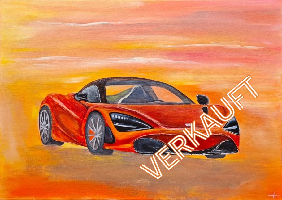 Ein roter Sportwagen auf einem orangefarbenen Hintergrund mit dem Wort „VERKAUFT“.